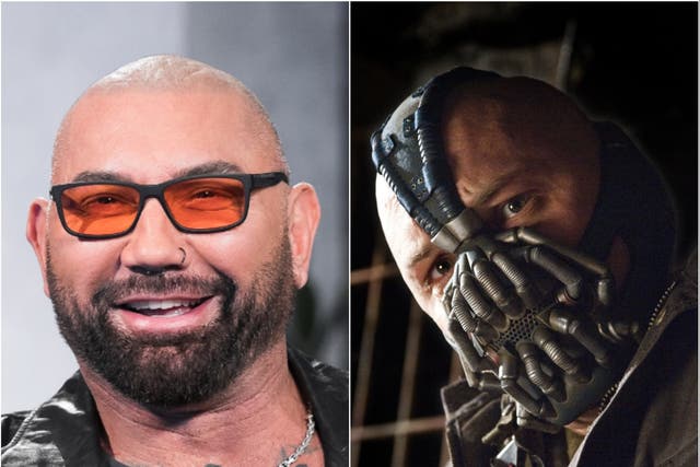 Dave Bautista (left) and Tom Hardy as Bane in The Dark Knight Rises (right)