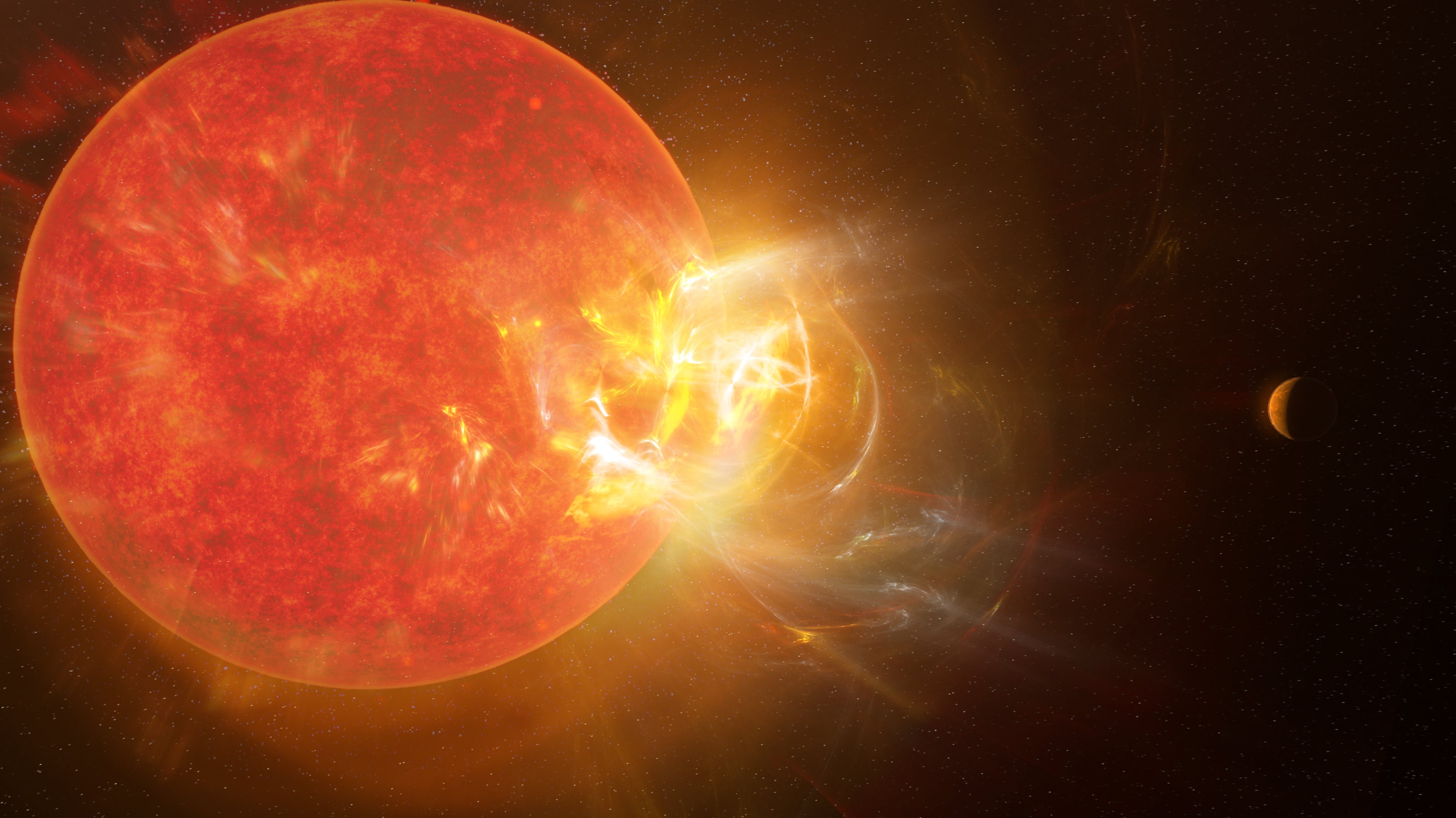 Artist's conception of the violent stellar flare from Proxima Centauri discovered by scientists in 2019 using nine telescopes across the electromagnetic spectrum, including the Atacama Large Millimeter/submillimeter Array (ALMA)