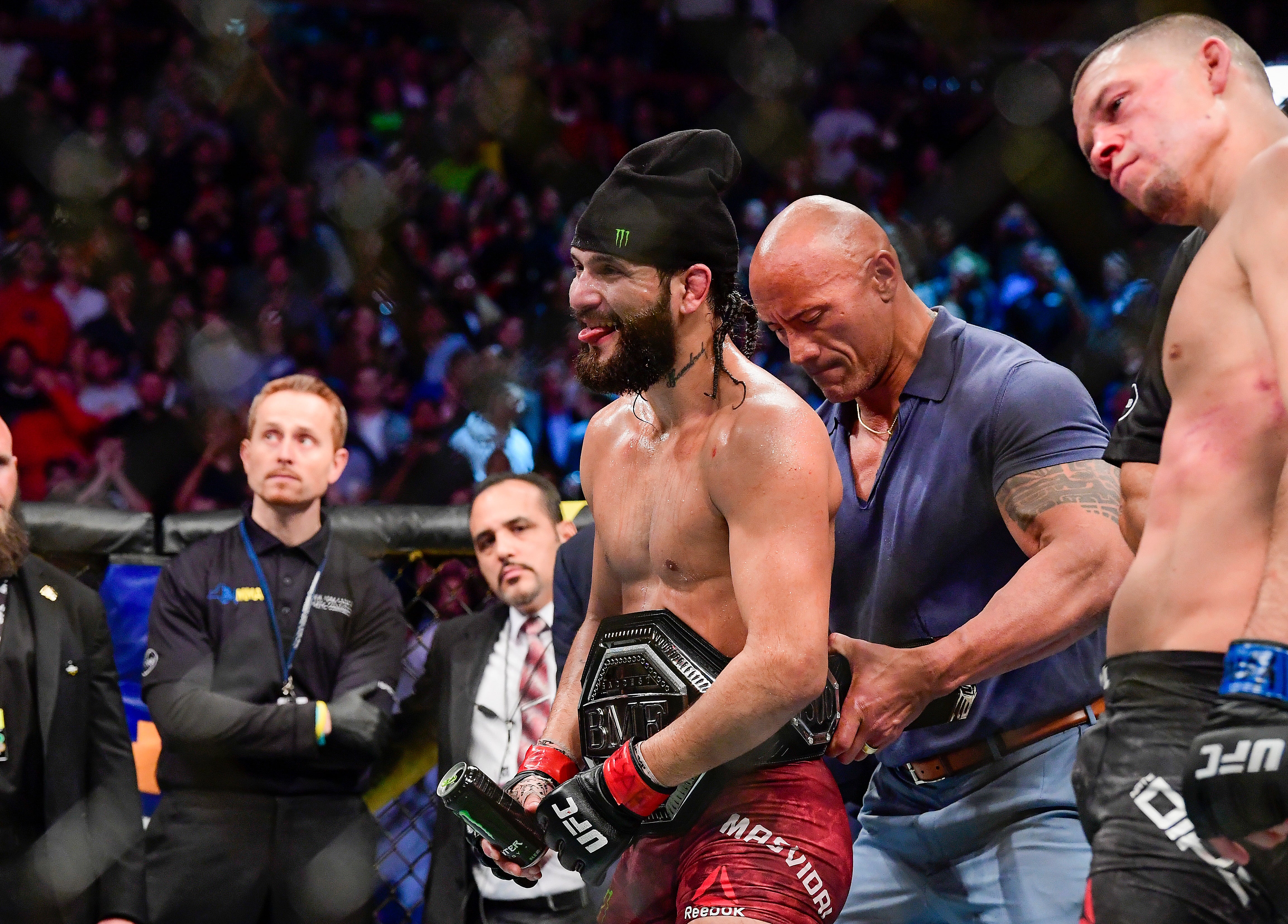 ‘The Rock’ presents Masvidal with the ‘BMF’ belt after ‘Gamebred’ beats Nate Diaz in November 2019