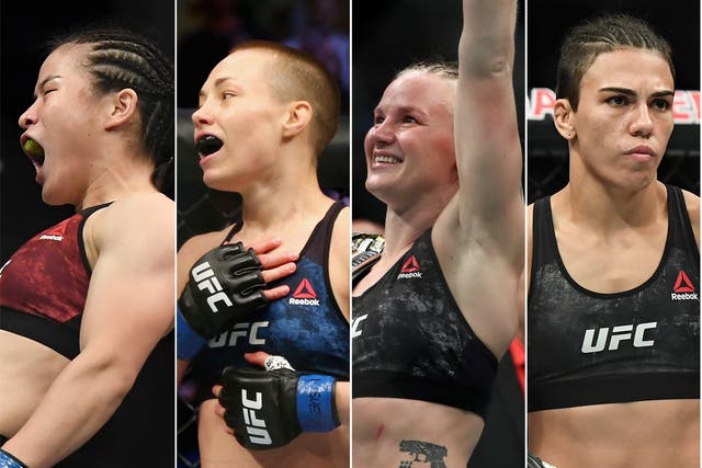 Weili Zhang takes on Rose Namajunas, while Valentina Shevchenko faces Jessia Andrade (L-R)