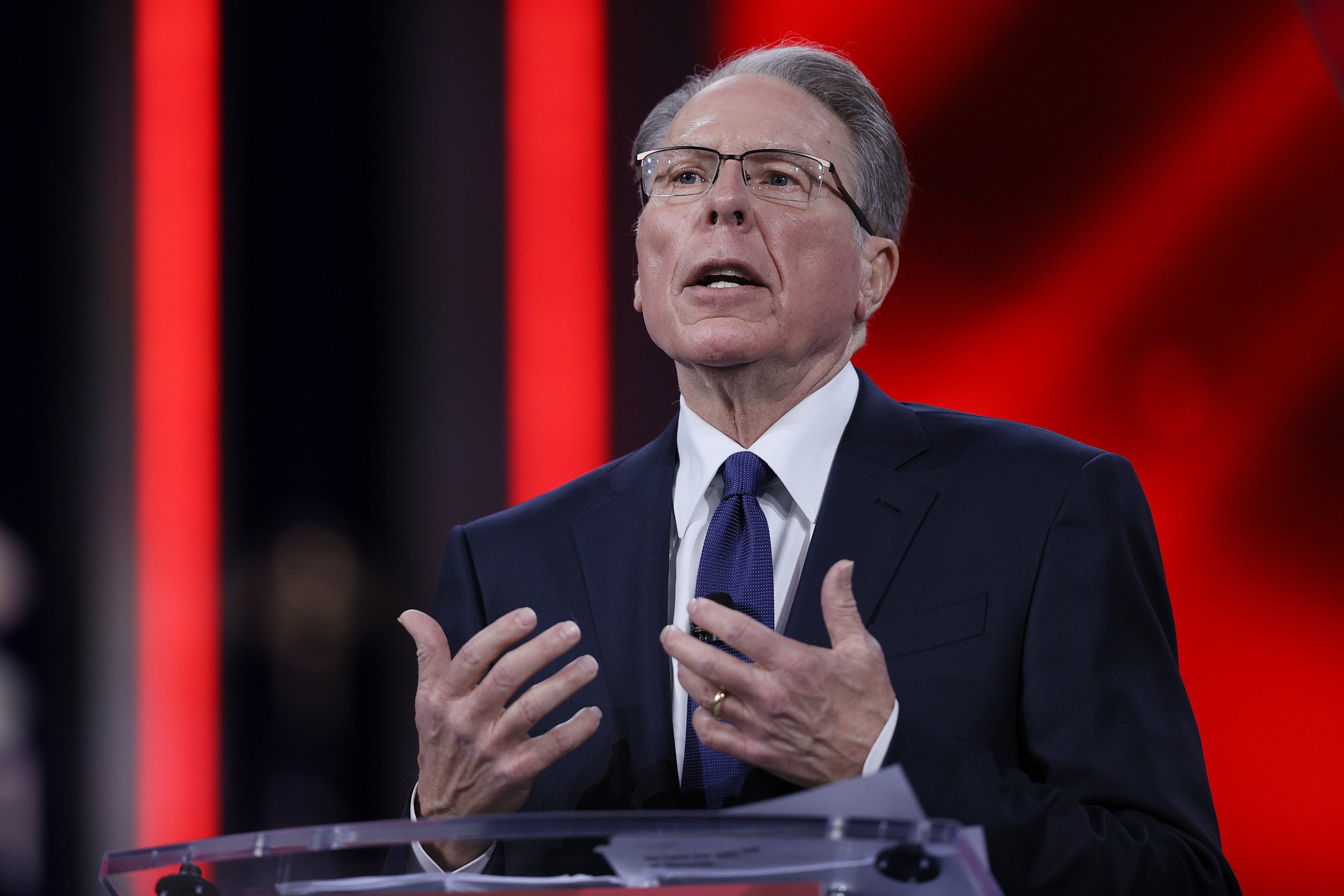 Wayne LaPierre, of the National Rifle Association, addresses the Conservative Political Action Conference held in the Hyatt Regency on February 28, 2021 in Orlando, Florida.