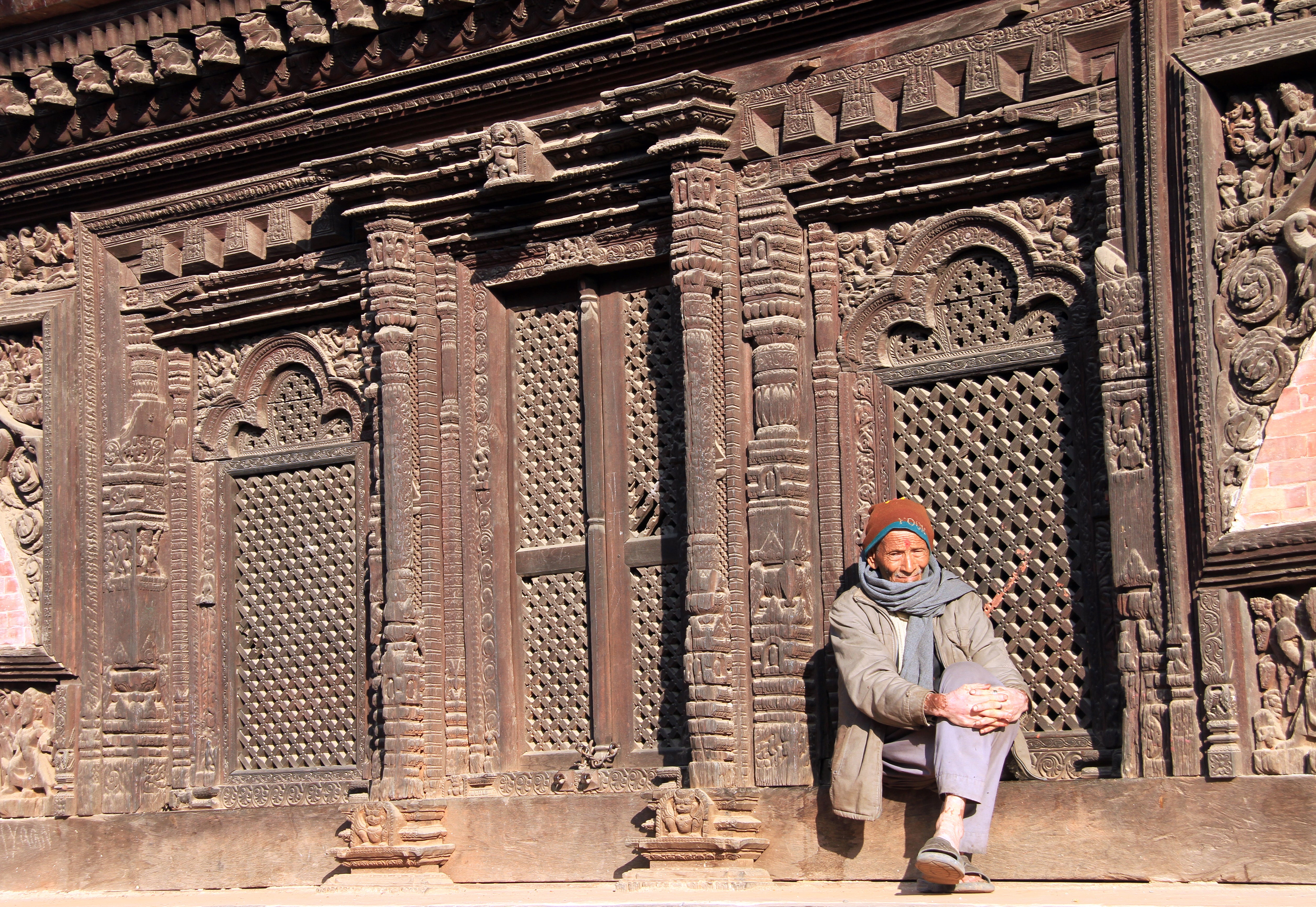 Intricate wood carvings decorate Newari architecture in Durbar Square, Bhaktapur