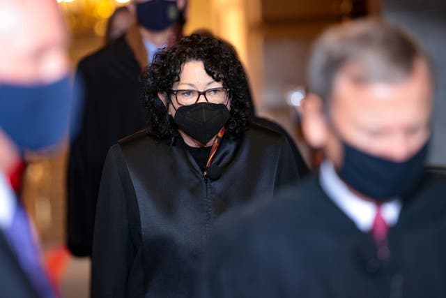 <p> Supreme Court Justice Sonia Sotomayor arrives at the 59th Presidential Inauguration in Washington, DC, on 20 January 2021</p>