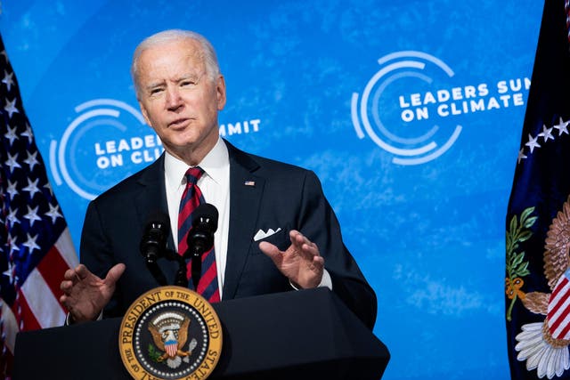 <p>President Joe Biden speaks during climate change virtual summit from the East Room of the White House campus on 22 April 2021, in Washington, DC</p>