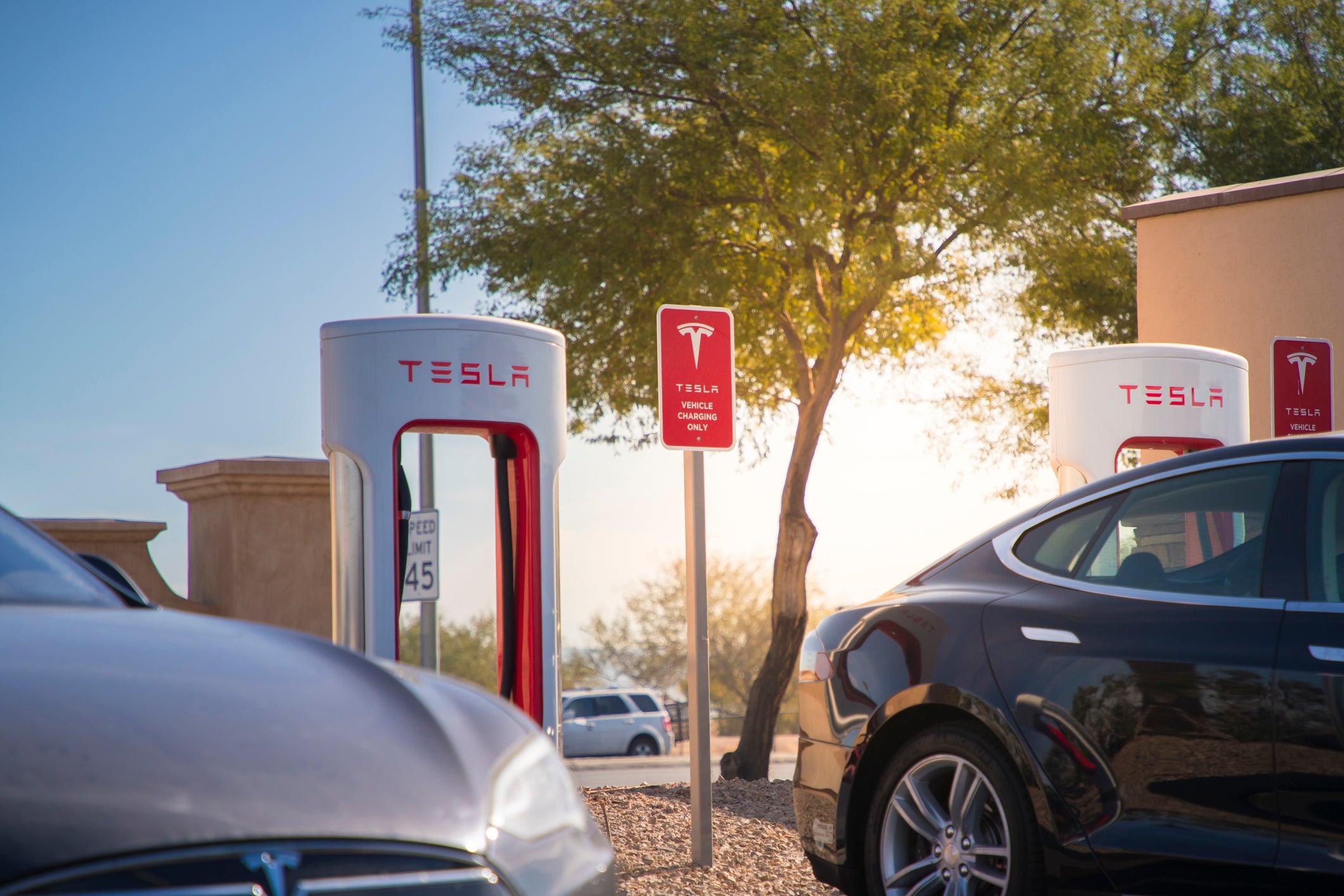 Tesla Supercharger charging station in Las Vegas, Nevada.