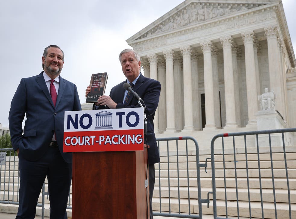 <p>Senators Graham and Cruz speak out against expanding Supreme Court during a news conference </p>