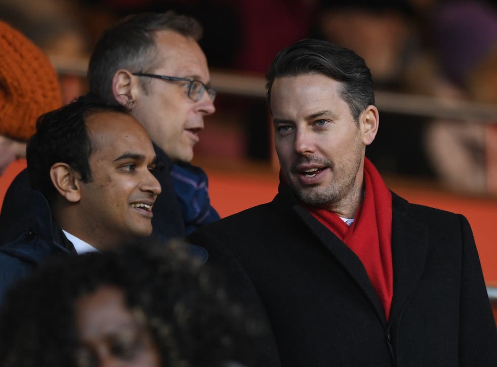 <p>Arsenal director Josh Kroenke (right) with CEO Vinai Venkatesham (left)</p>
