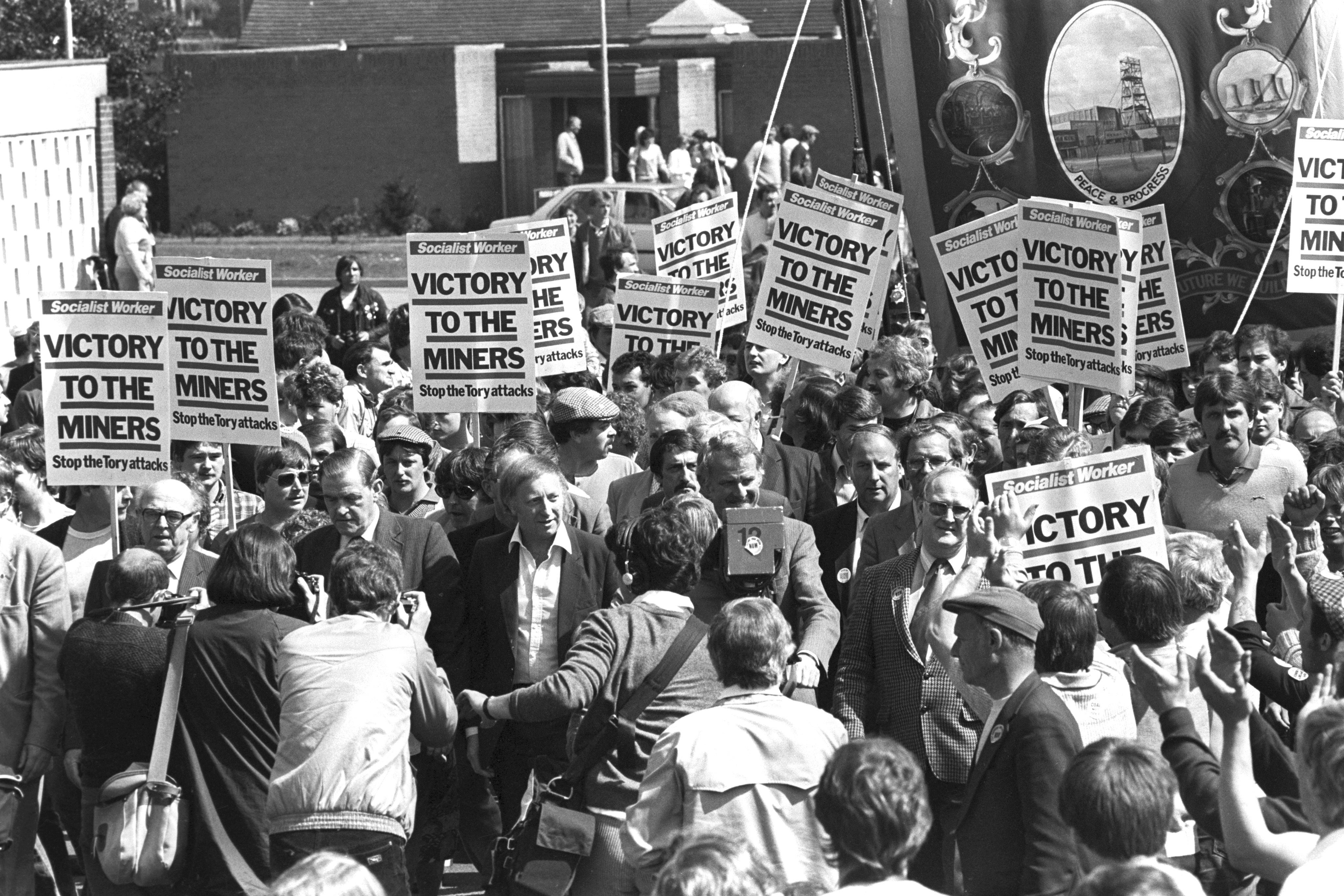 NUM president Arthur Scargill at the head of a march of striking miners in 1984