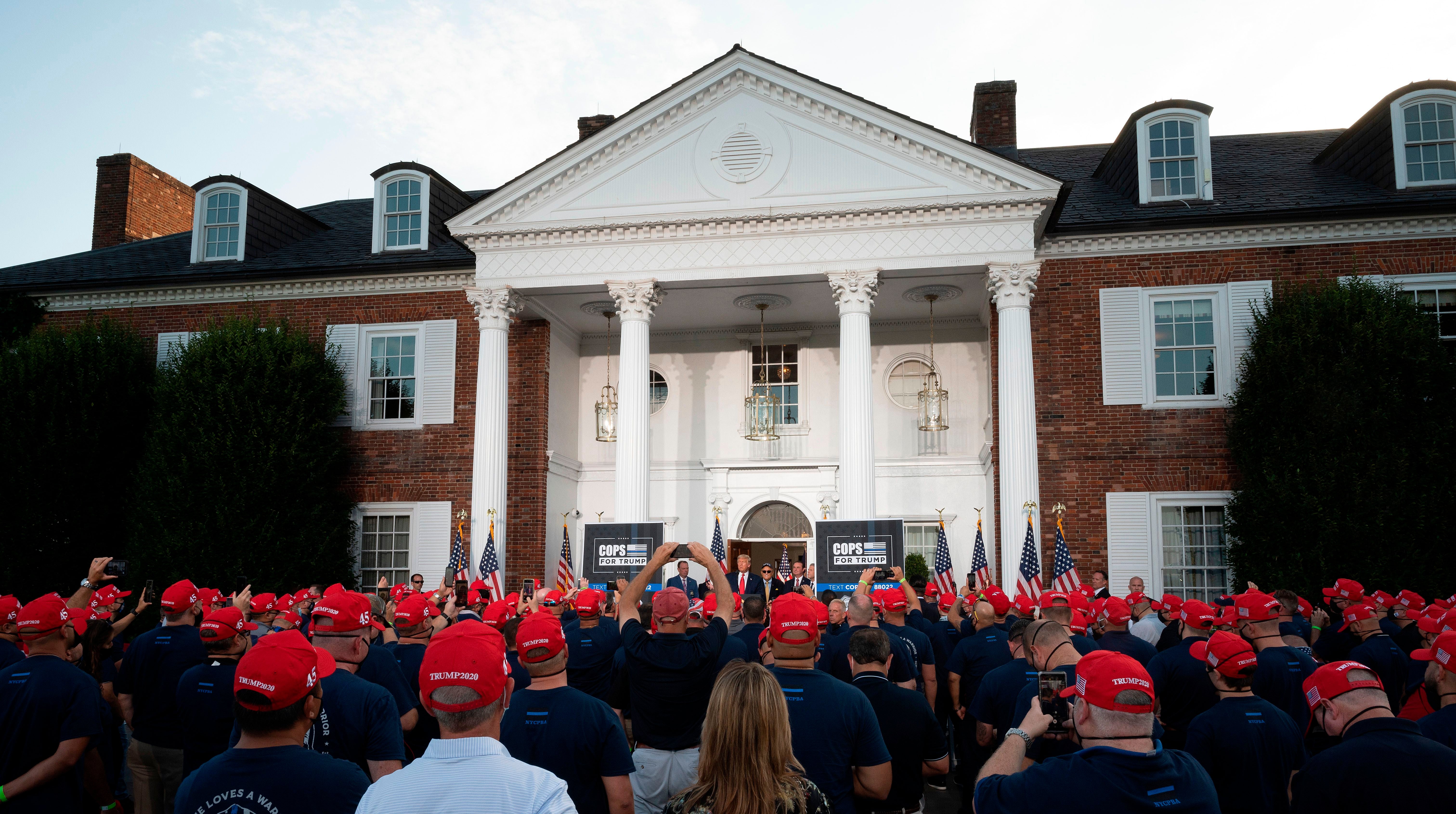 Just as Mar-A-Lago became a GOP base, so could the Trump National Golf Club in Bedminster, NJ, pictured here on August 14, 2020, when Trump addressed the City of New York Police Benevolent Association, with a crowd wearing MAGA hats