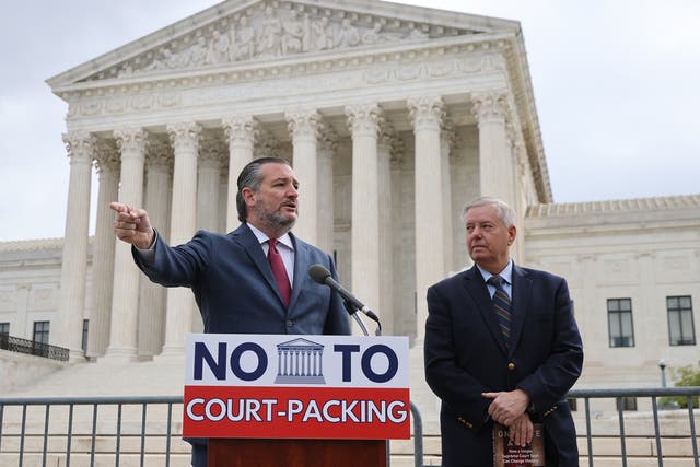 Ted Cruz and Lindsey Graham hold a news conference to voice their opposition to adding justices to the Supreme Court on April 22, 2021.