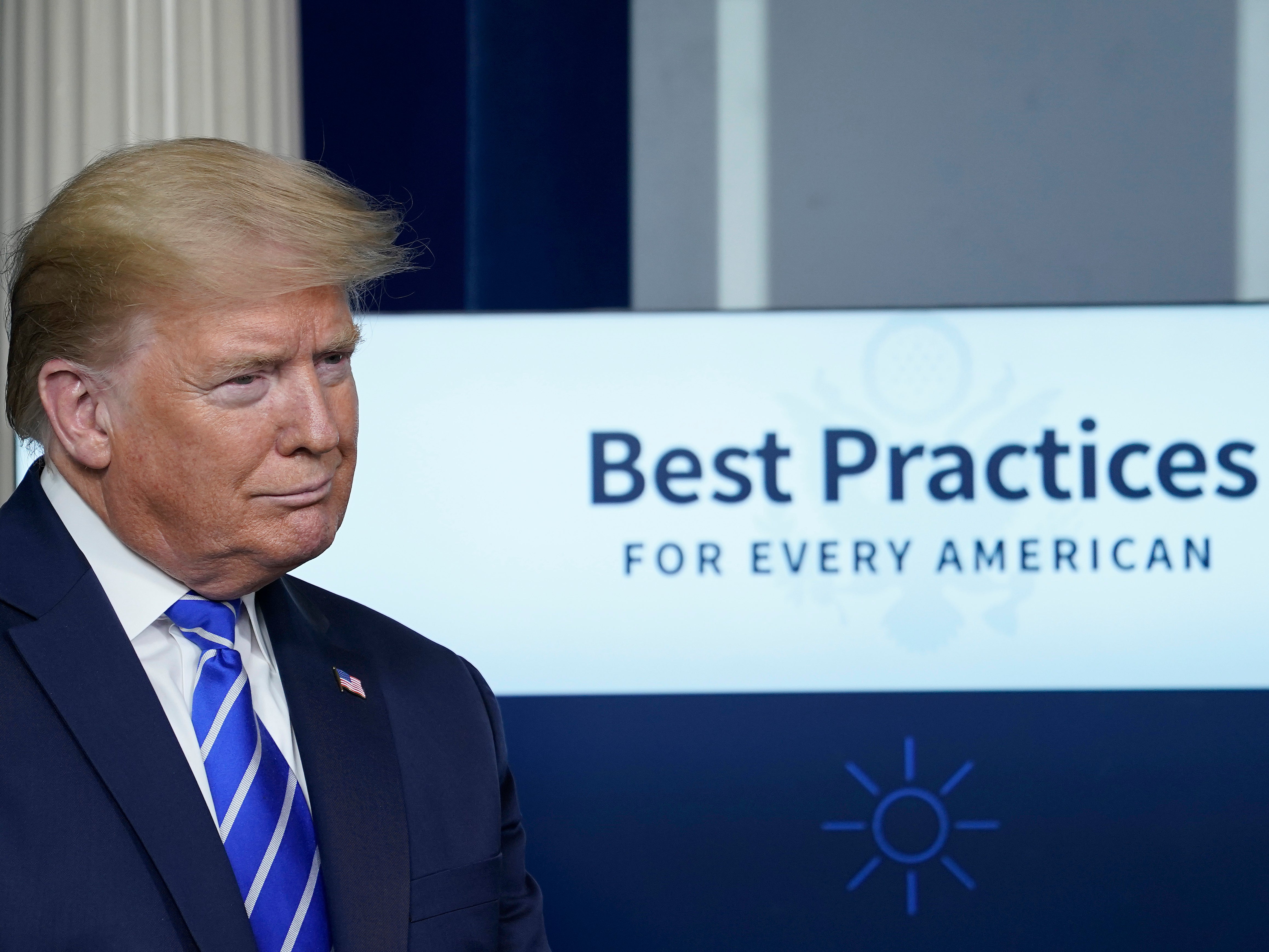 <p> President Donald Trump participates in the daily briefing of the coronavirus task force at the White House on 23 April 2020 in Washington, DC</p>