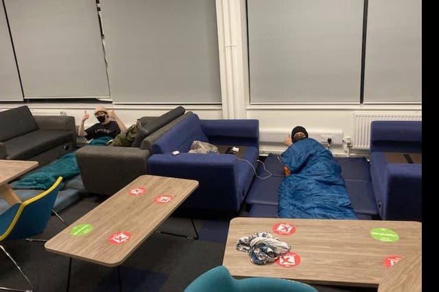 Students camp out in an occupied building on Sheffield Hallam campus