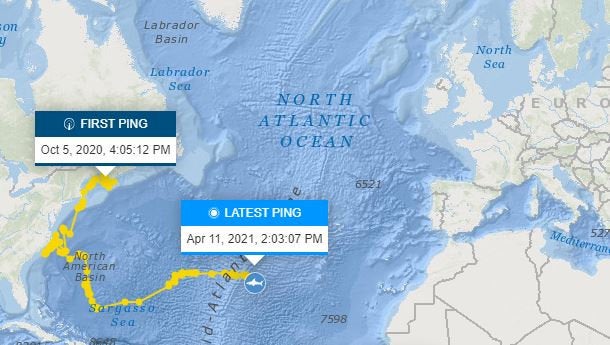 Nukumi’s live tracking page, showing her progress across the Atlantic