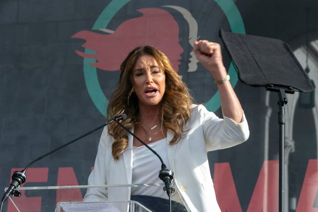 <p>Caitlyn Jenner speaks at the 4th Women’s March in Los Angeles on 18 January 2020</p>