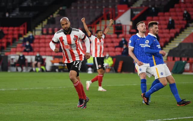 David McGoldrick of Sheffield United celebrates against Brighton