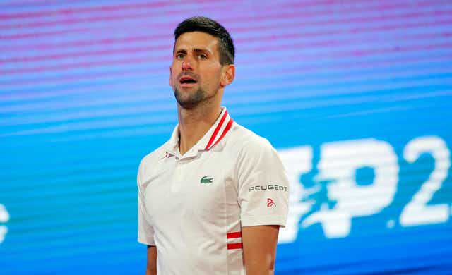 Novak Djokovic reacts during the Serbia Open semi-final against Aslan Karatsev