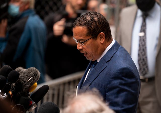 <p>Keith Ellison speaks to media after a pretrial hearing for the four officers charged in the death of George Floyd on 11 September, 2020 in Minneapolis.</p>