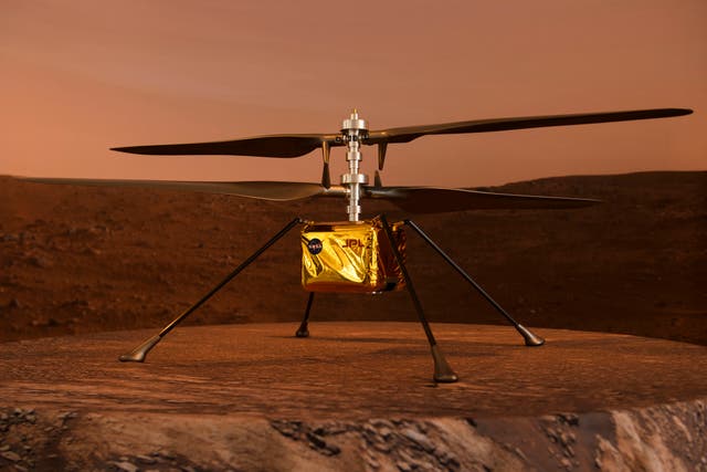 Full scale model of Nasa’s Ingenuity Mars Helicopter displayed at JPL in Pasadena, California
