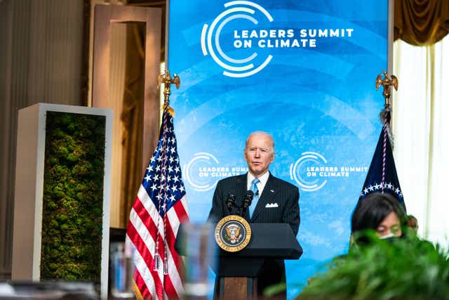 <p>US President Joe Biden delivers remarks during day 2 of the virtual Leaders Summit on Climate at the East Room of the White House 23 April 2021 in Washington, DC</p>