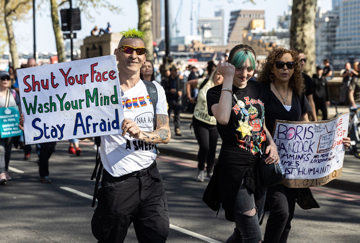 <p>Protesters took to the streets across London for an anti-lockdown march this weekend</p>