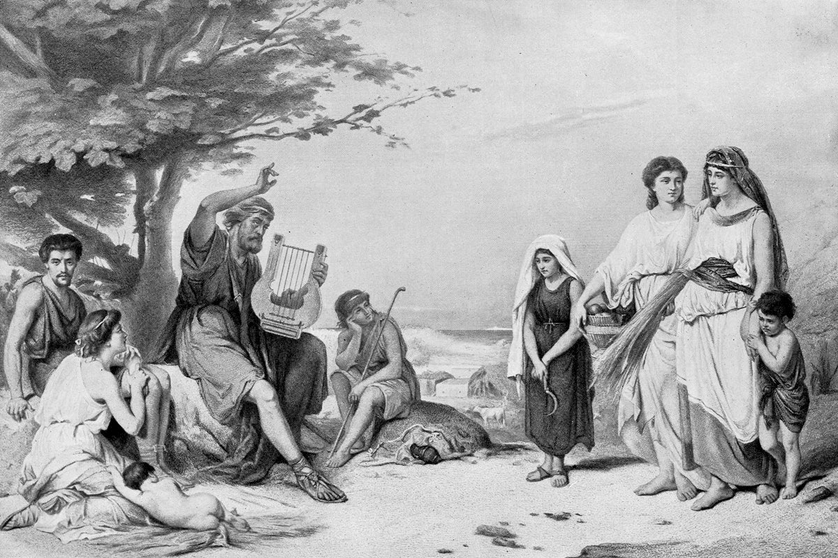 Engraving showing ‘Homer’ reciting the Illiad – but Homer didn’t exist. Homer is a convenient label for generations of oral performers