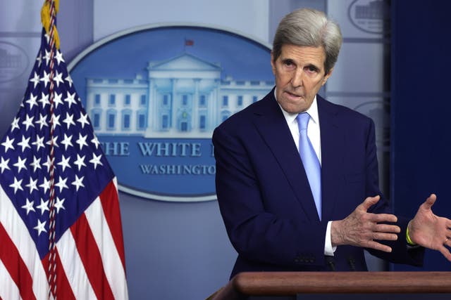 Special Presidential Envoy for Climate John Kerry speaks at a press briefing during the climate summit last week 