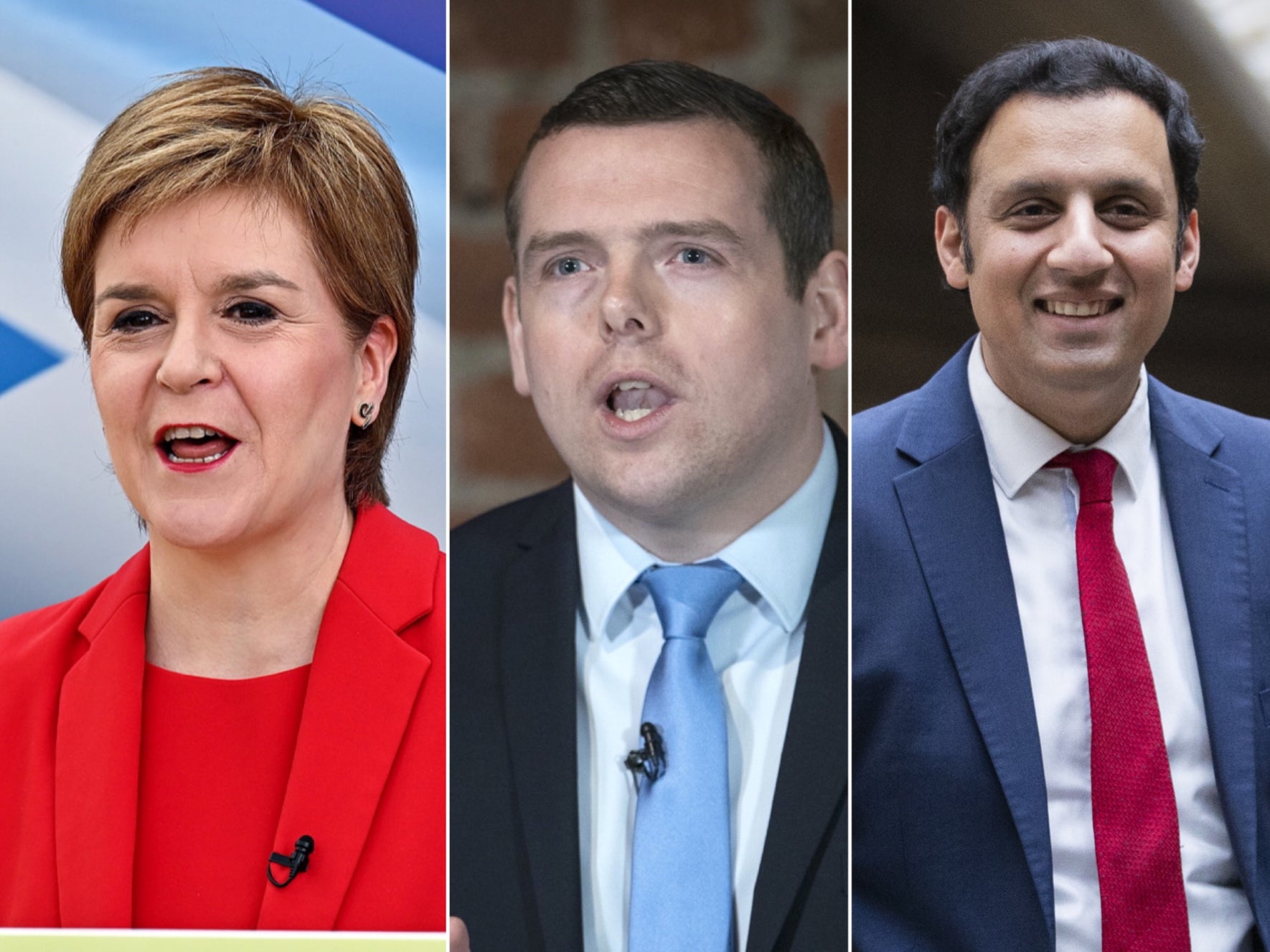 SNP leader Nicola Sturgeon, Scottish Tory leader Douglas Ross and Scottish Labour leader Anas Sarwar