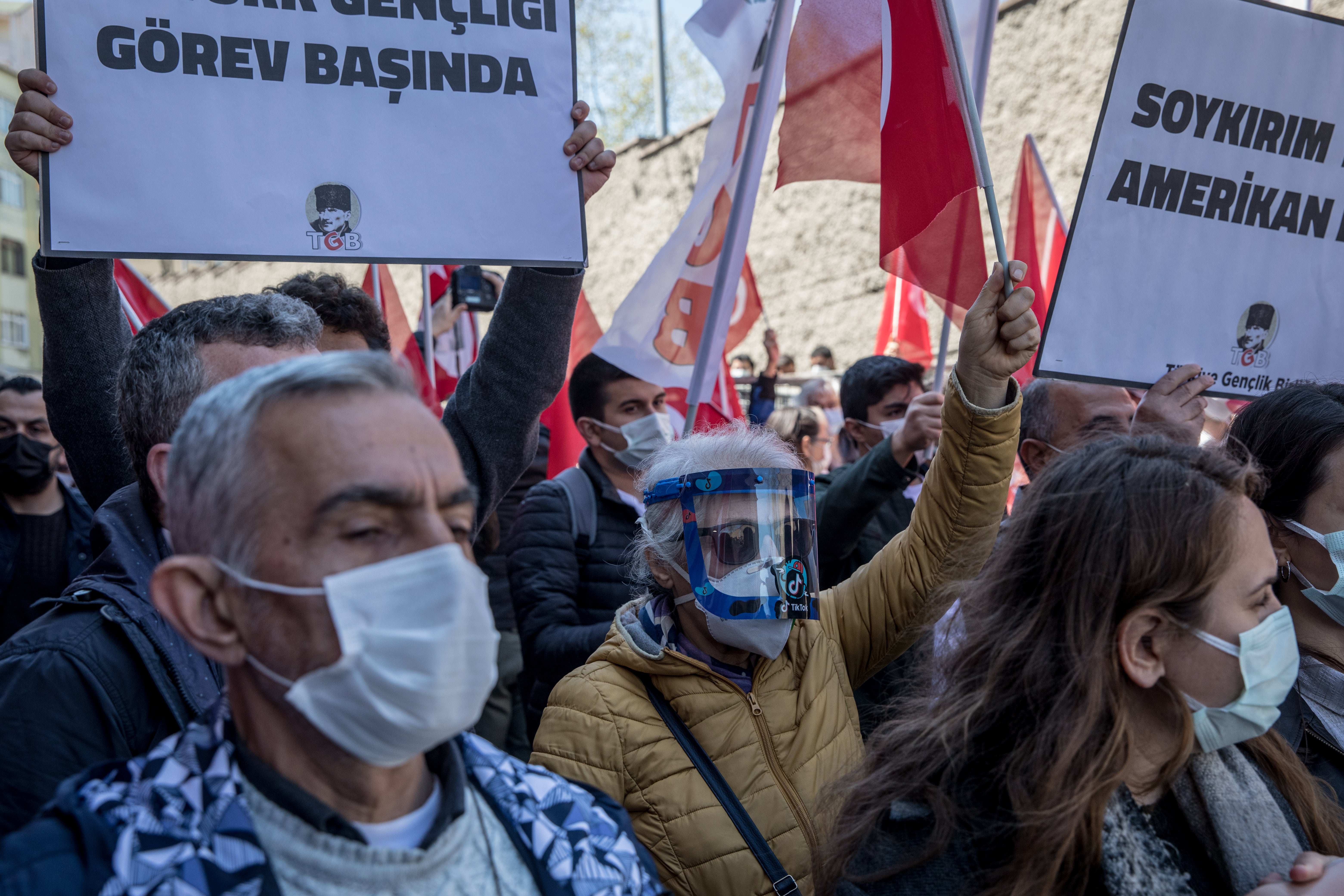 People protest outside the U.S Embassy on 26 April 26, 2021 in Istanbul, Turkey over US President Joe Biden’s decision to declare the past mass killings of Armenians a ‘genocide’.