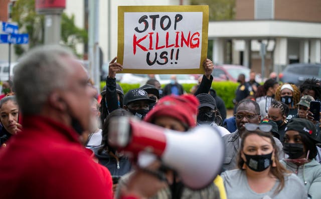 <p>Kirk Rivers addresses demonstrators outside City Hall as they await members of the city council who held an emergency meeting on Friday, April 23, 2021, in Elizabeth City, N.C., in regards to the death of Andrew Brown Jr., who was shot and killed by a Pasquotank County Deputy Sheriff earlier in the week. </p>