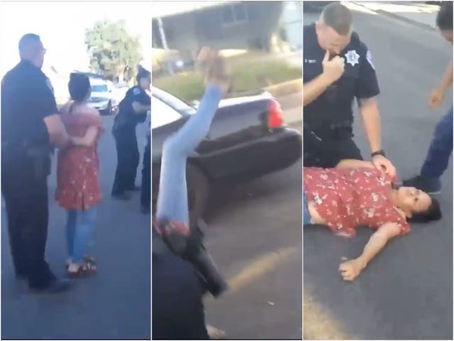 A video from an unidentified source shows a California police officer throwing a woman to the ground. 