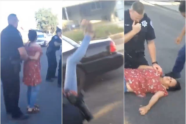 A video from an unidentified source shows a California police officer throwing a woman to the ground. 