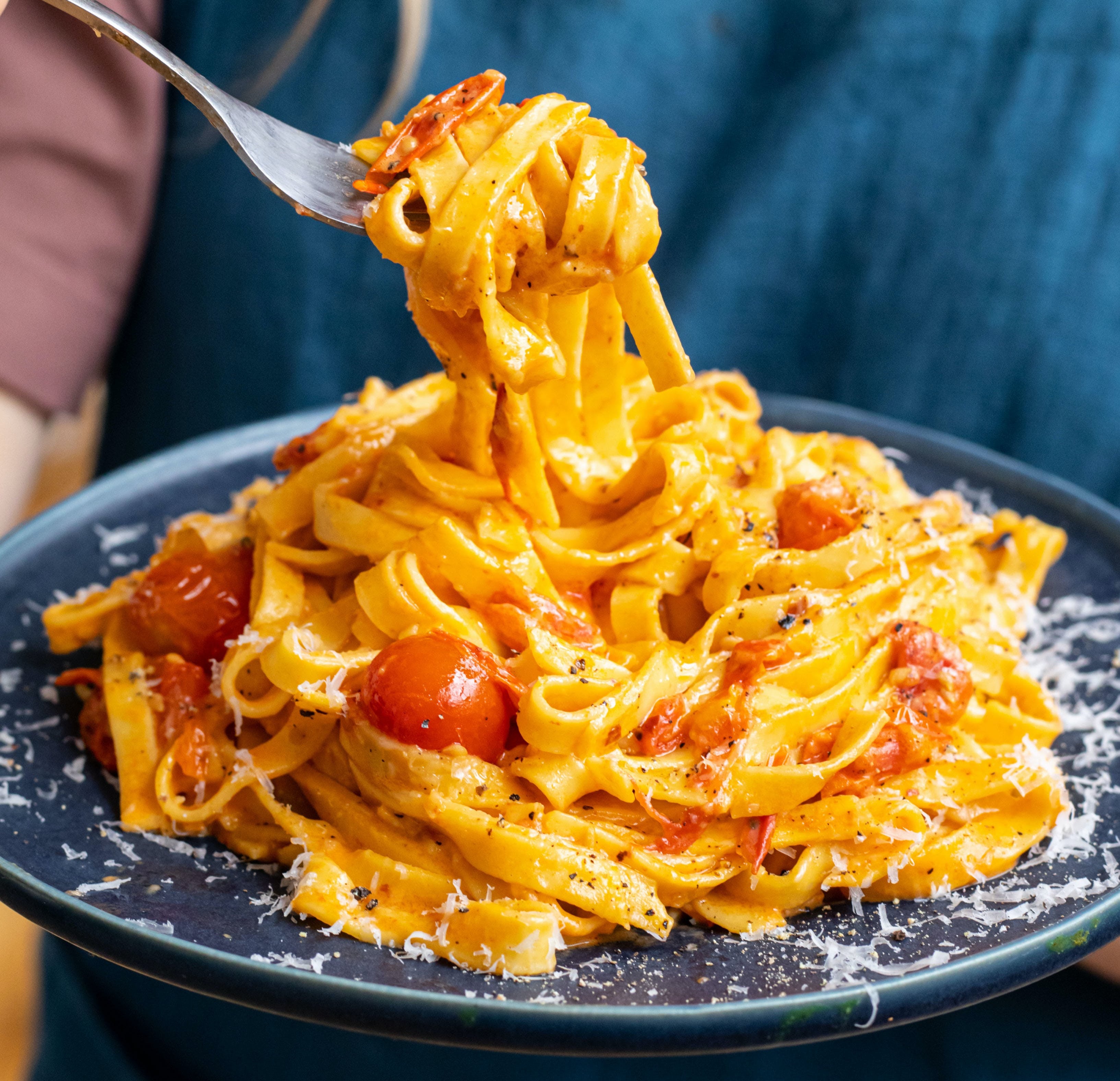 Making your own pasta is a labour of love but it’s worth it for this roasted tomato and mascarpone tagliatelle