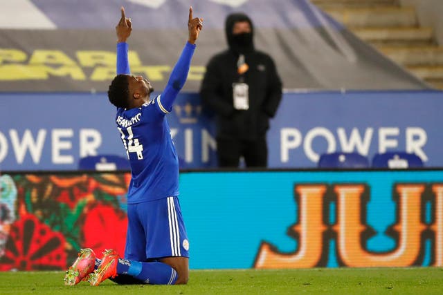 Kelechi Iheanacho celebrates after scoring Leicester’s winner