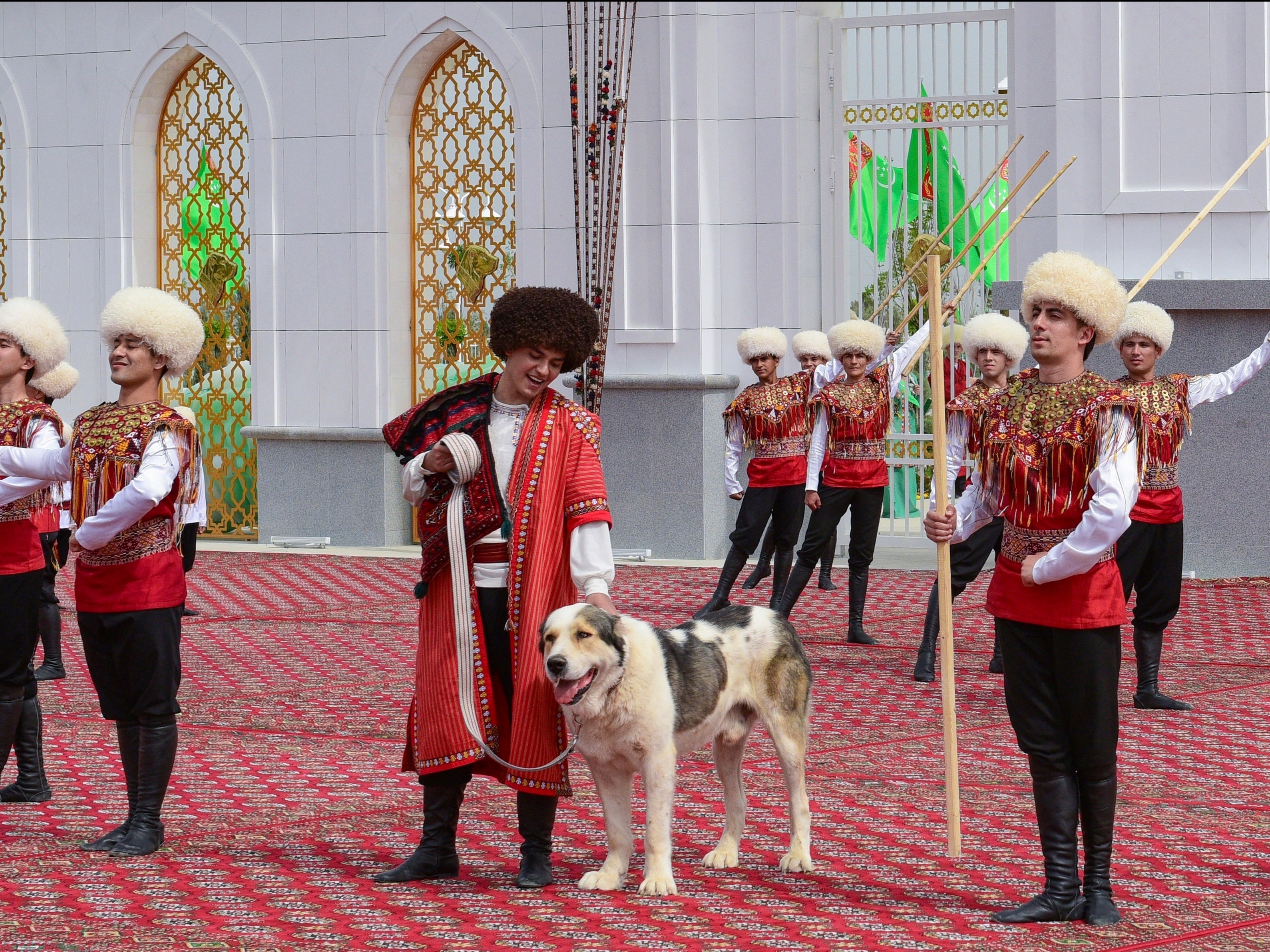 A man dressed in a national costume, center, pets his border guard shepherd dog Alabay during Dog Day celebration in Ashgabat, Turkmenistan