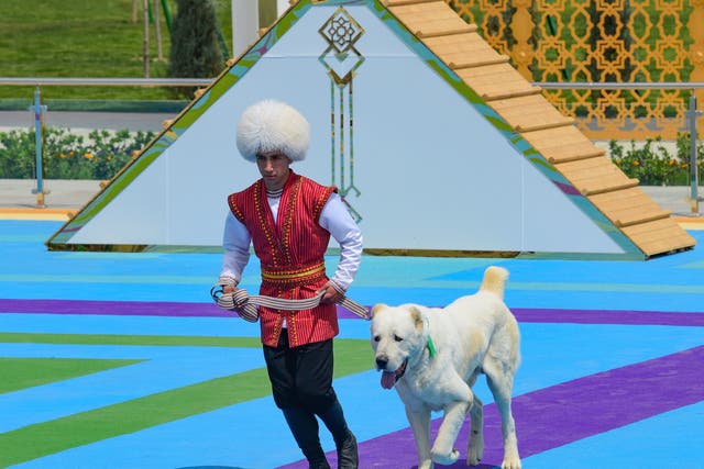 A man dressed in a national costume runs with his border guard shepherd dog Alabay during Dog Day celebration in Ashgabat, Turkmenistan