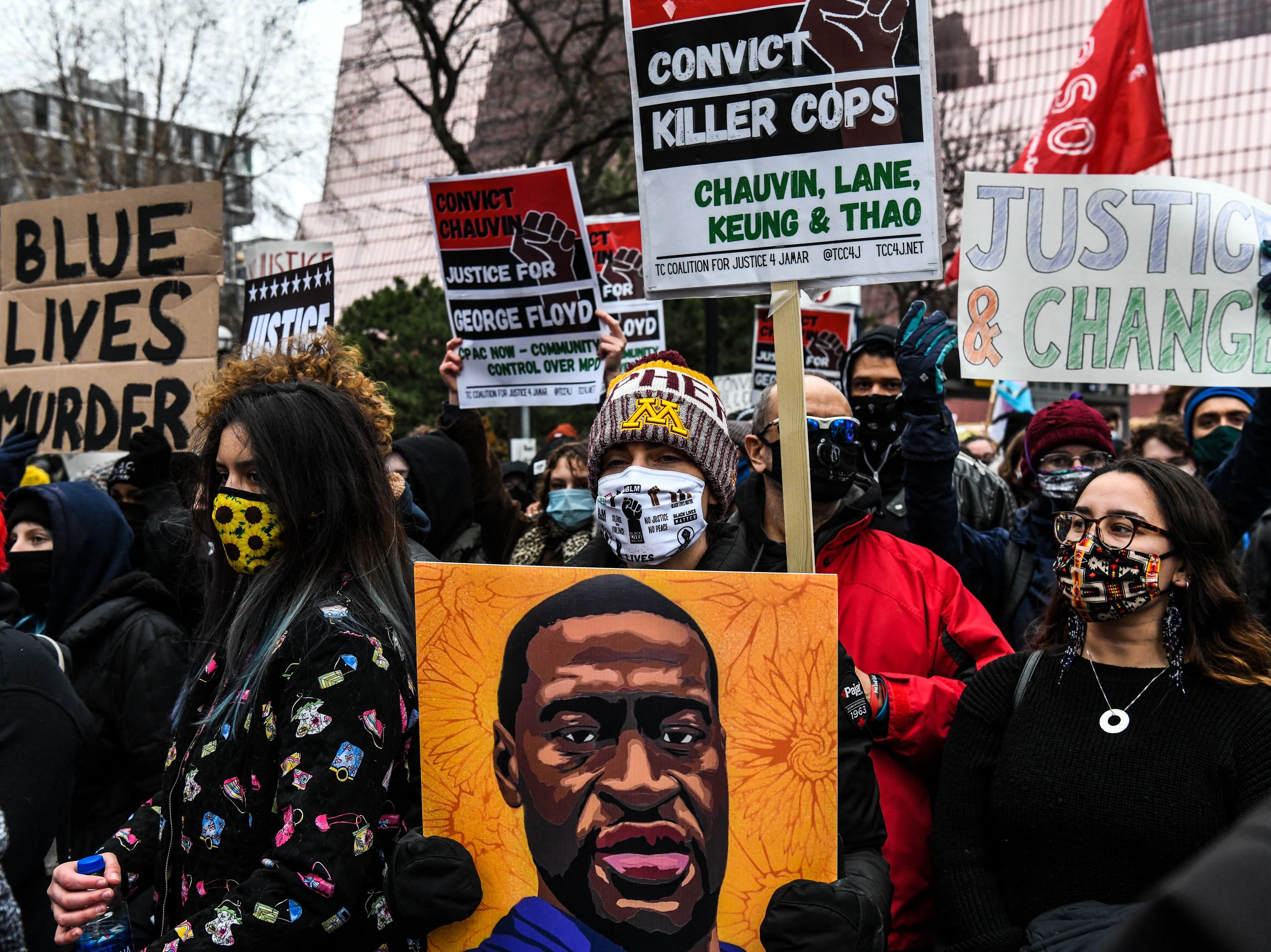 <p>People protest outside of the Courthouse during the trial of former Minneapolis police officer charged with murdering George Floyd in Minneapolis, Minnesota on 19 April, 2021</p>