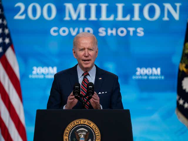 <p>President Joe Biden speaks about COVID-19 vaccinations at the White House, in Washington. Biden spent his first 100 days encouraging Americans to mask up and stay home to slow the spread of Covid-19.</p>