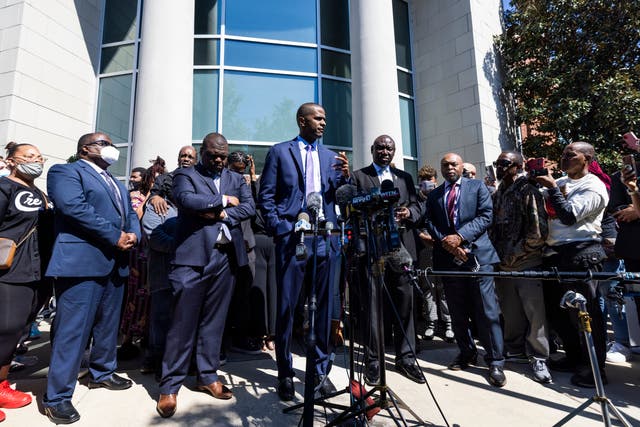 <p>Attorney Bakari Sellers (C), who is representing the family of Andrew Brown, speaks outside the Pasquotank County Sheriff’s Office in Elizabeth City, North Carolina on 26 April 2021</p>