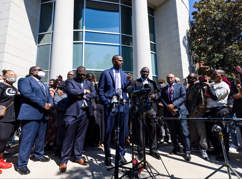 Attorney Bakari Sellers (C), who is representing the family of Andrew Brown, speaks outside the Pasquotank County Sheriff’s Office in Elizabeth City, North Carolina on 26 April 2021