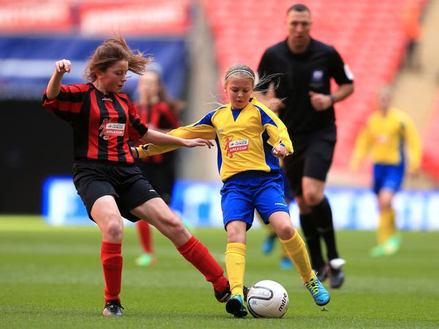 Action from the Girl’s Cup between Broadstone Middle School and Thomas Telford School at Wembley Stadium
