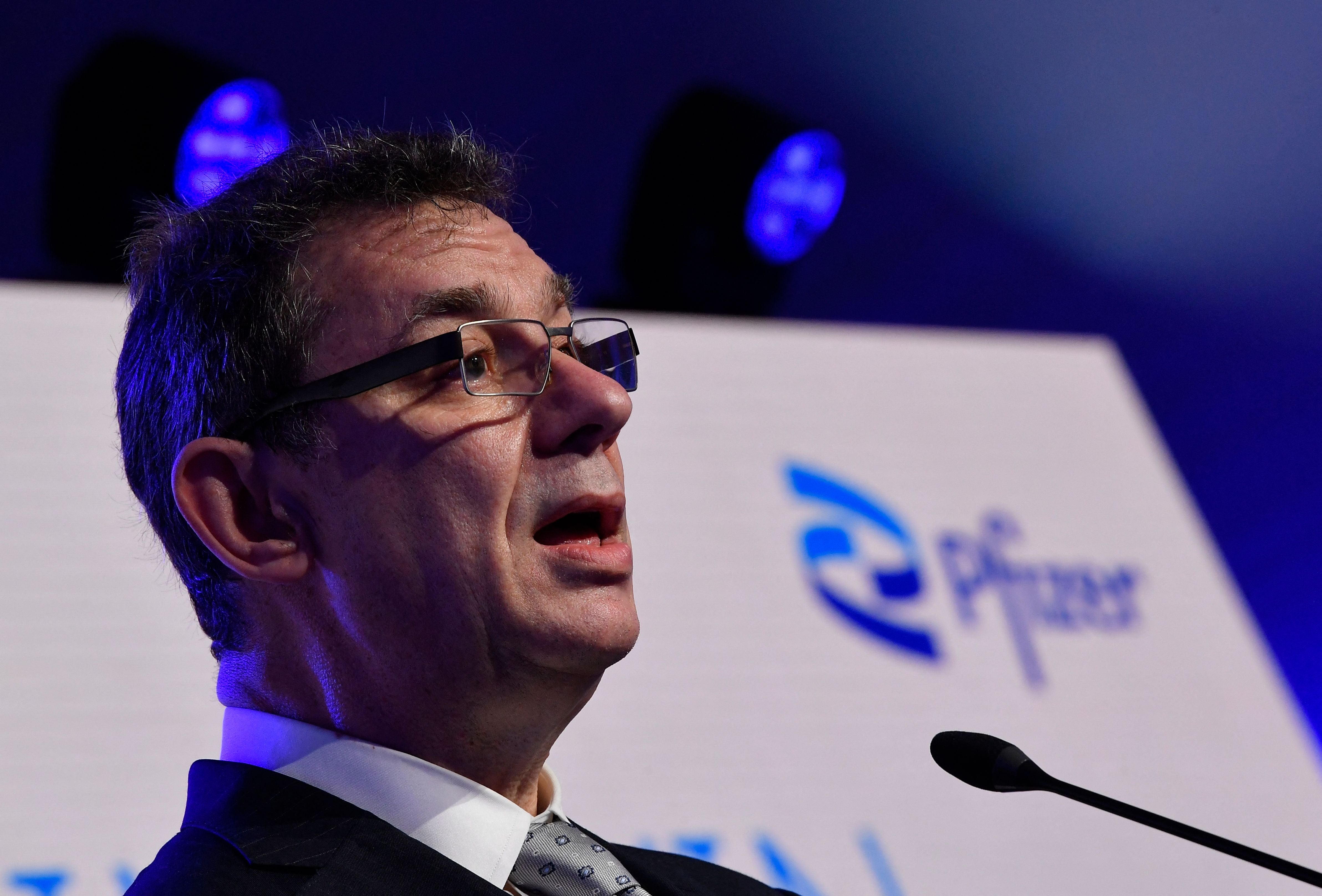 Pfizer CEO Albert Bourla talks during a press conference with European Commission President on 23 April 2021