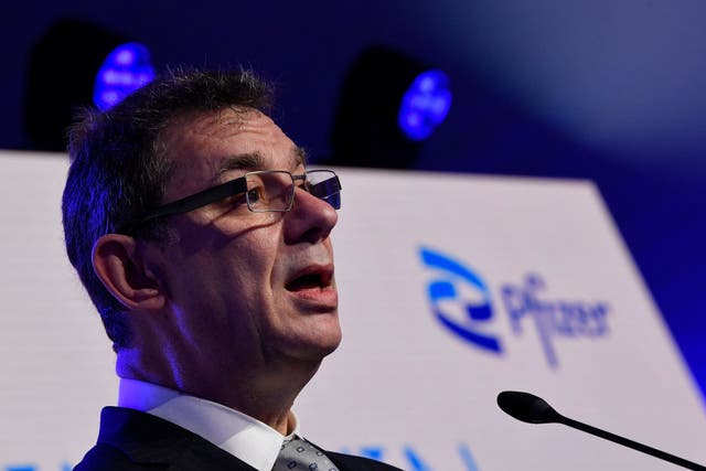 Pfizer CEO Albert Bourla talks during a press conference with European Commission President on 23 April 2021