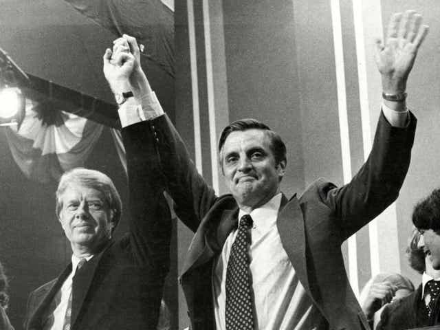 <p>Mondale (right) with Jimmy Carter at the Democratic Convention in 1976</p>