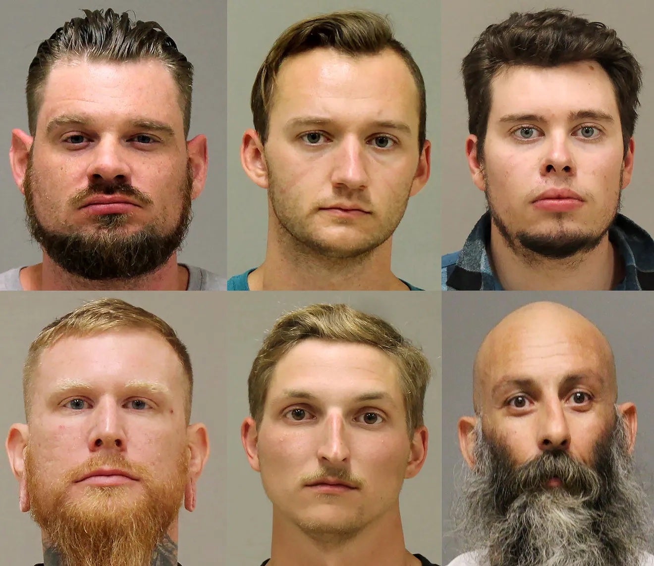 Police handout of alleged attempted kidnappers left to right, top row: Adam Fox, Kaleb Franks, Ty Garbin. Bottom row: Brandon Caserta, Daniel Harris, Barry Croft.