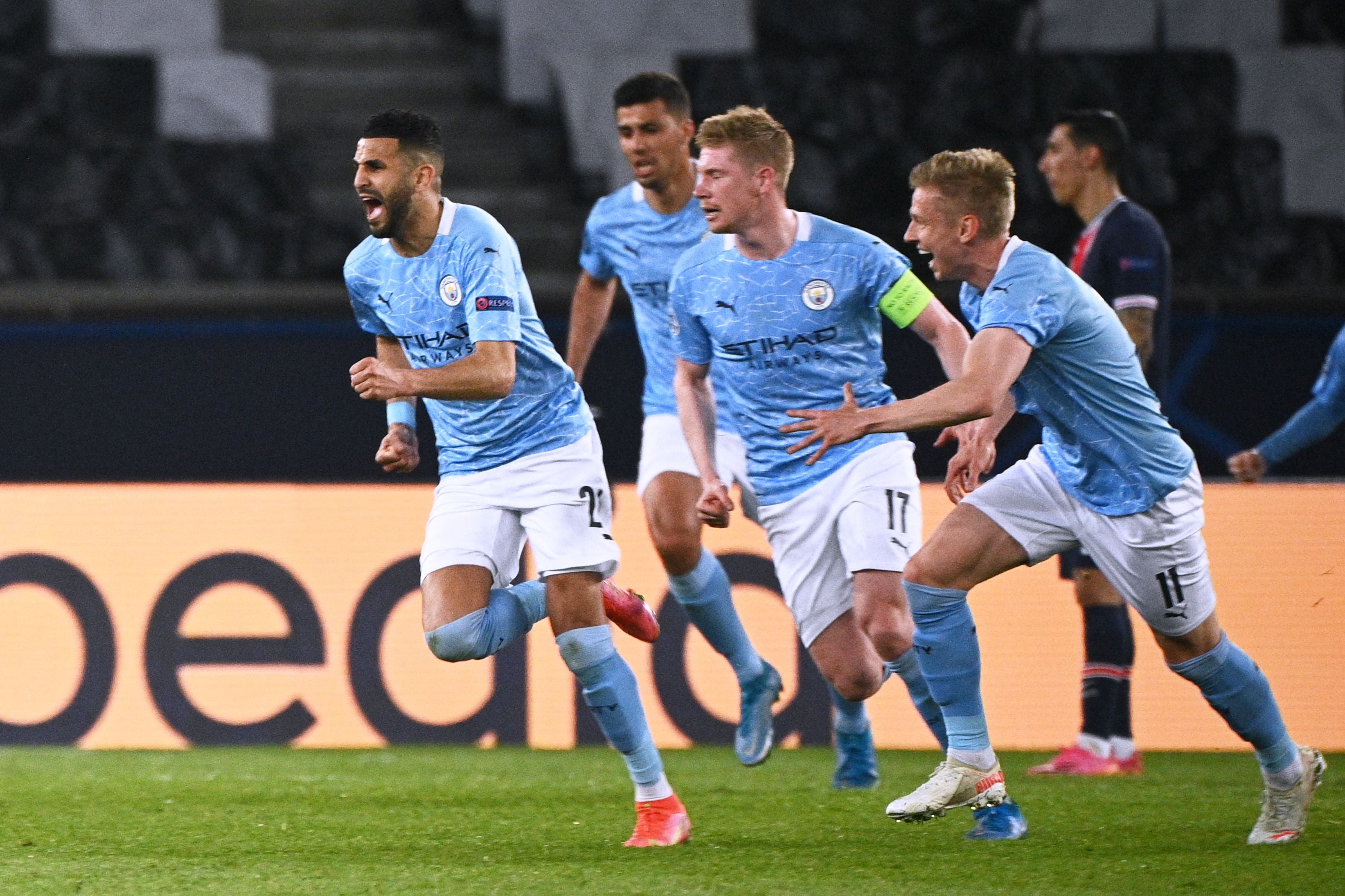 Riyad Mahrez celebrates scoring the winner