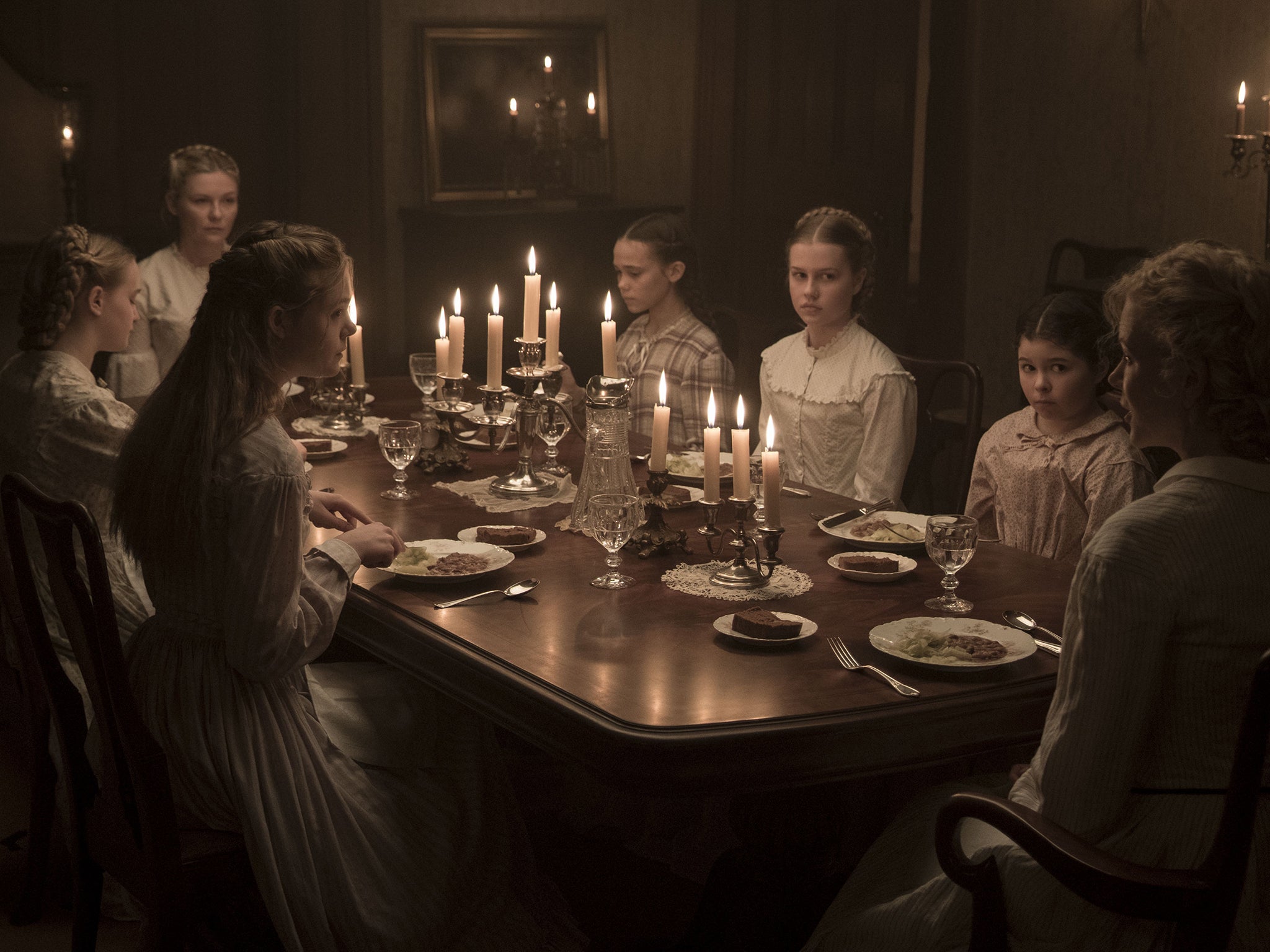 Rice (centre) alongside Emma Howard, Kirsten Dunst, Elle Fanning, Oona Laurence, Addison Riecke and Nicole Kidman in The Beguiled