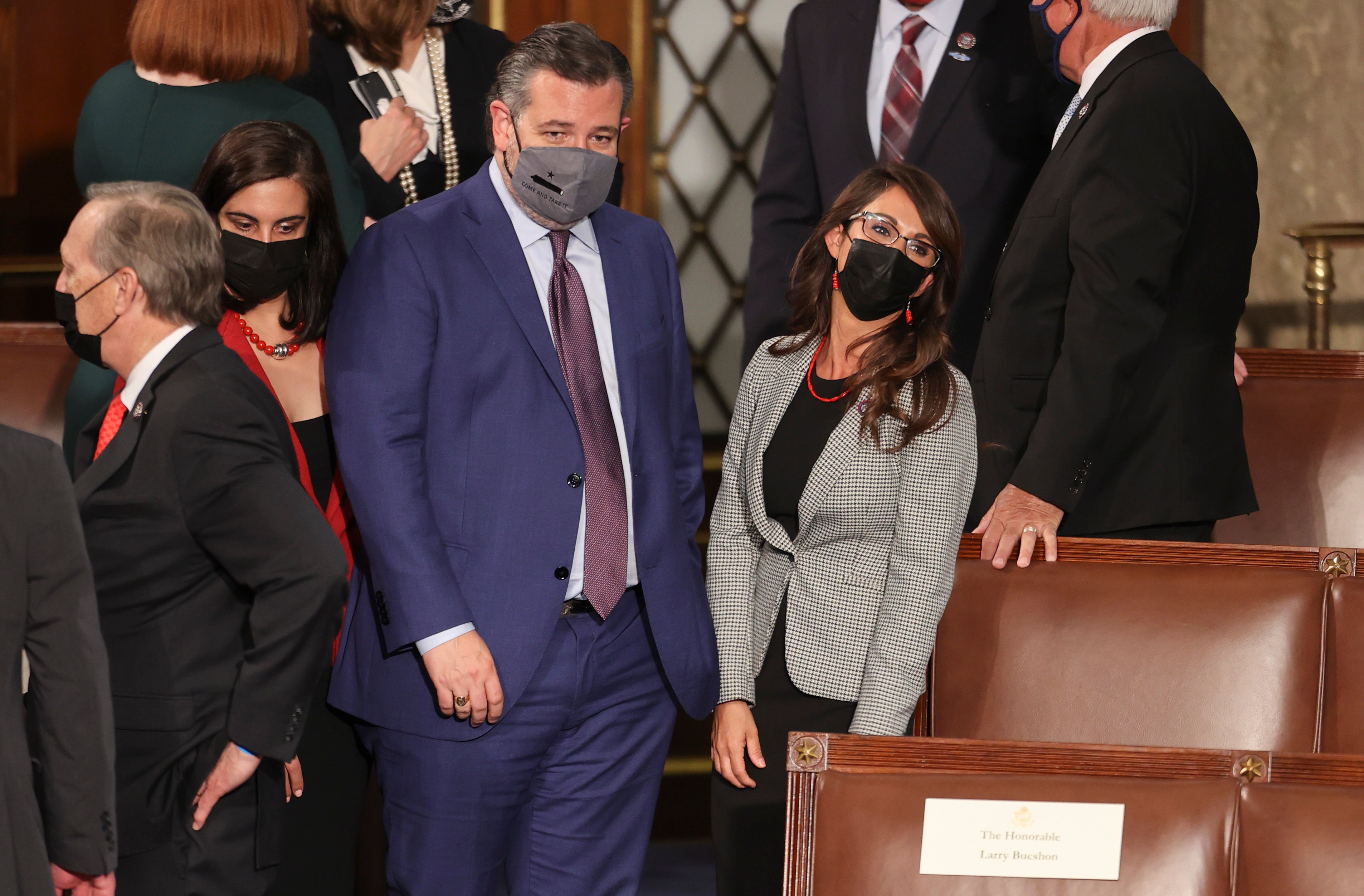 Senator Ted Cruz of Texas with Representative Lauren Boebert as they wait for the start of President Joe Biden’s first address to a joint session of Congress on April 28