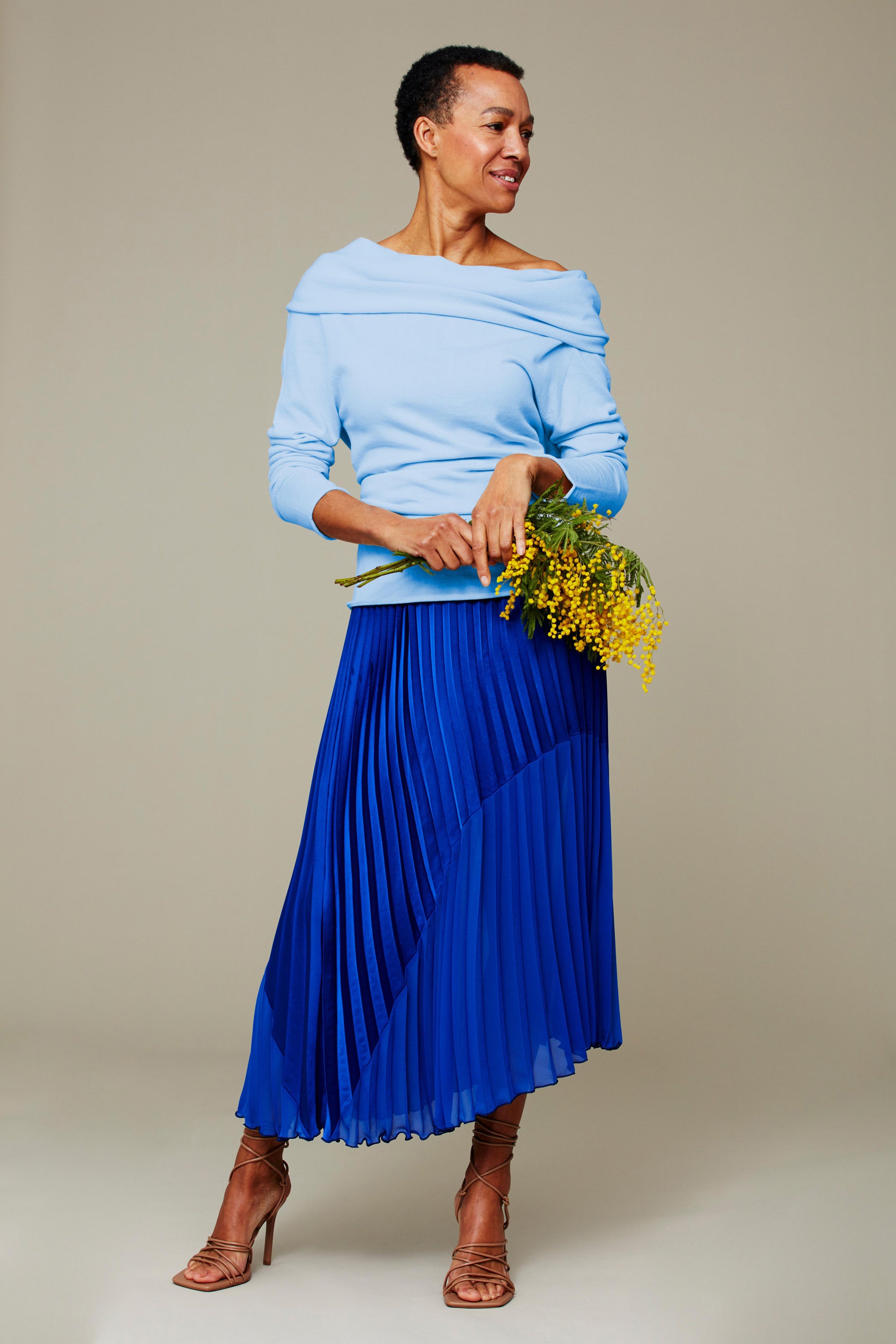 Hope The Cotton and Silk Drape Knit Jumper Pale Blue Sky; The Contrast Hem Pleated Skirt Cobalt