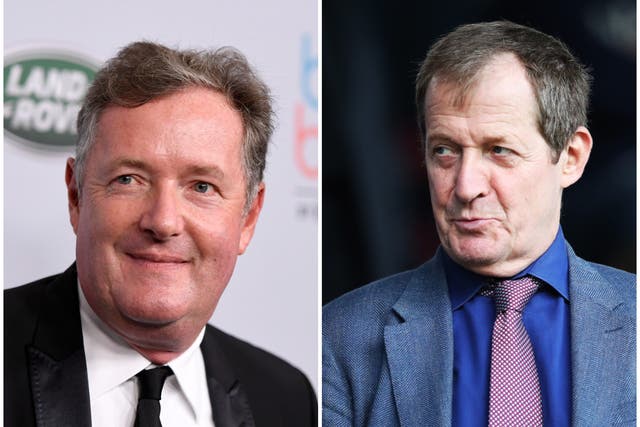 <p>Alastair Campbell, right, will co-present Good Morning Britain for a few days next month. Piers Morgan, right, left the programme in March</p>