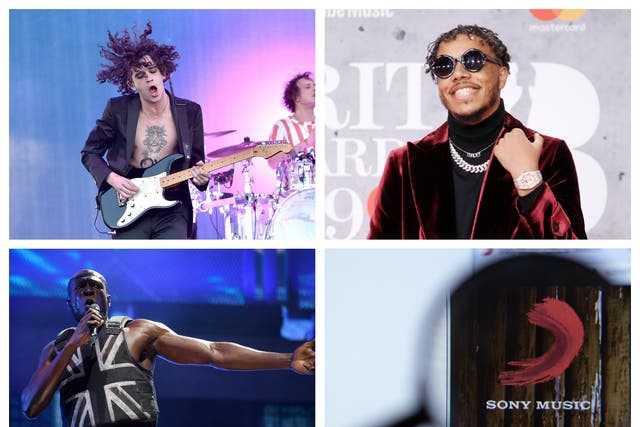 Top left clockwise: Matty Healy of The 1975, AJ Tracey, the Sony Music label, and Stormzy